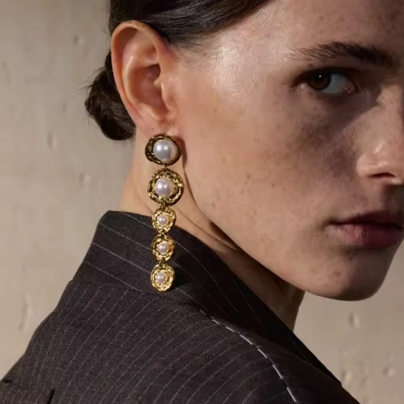 Gold Drop Earrings with Imitation Pearls – Stainless Steel, Real Gold Plated - Picture 4 of 17